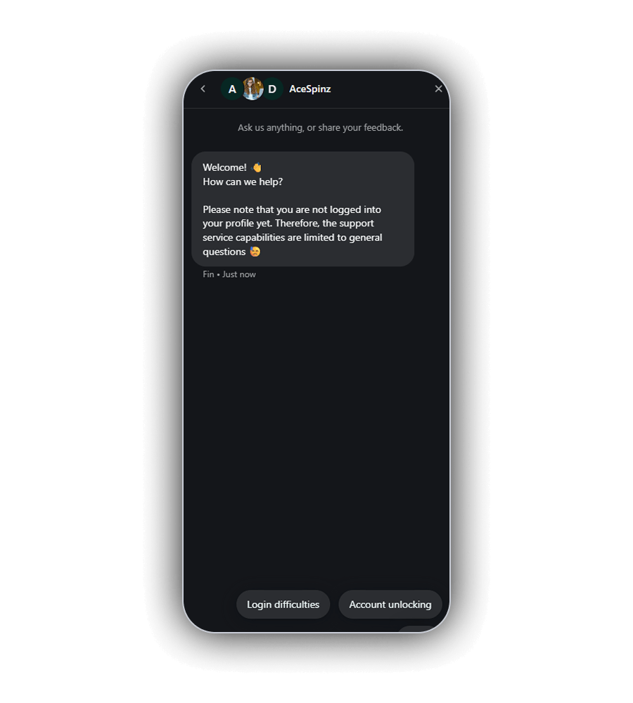 AceSpinz chat window on a phone with the Fin assistant greeting Welcome and How can we help, a note that support is limited to general questions until you log in, and two quick reply buttons, Login difficulties and Account unlocking
