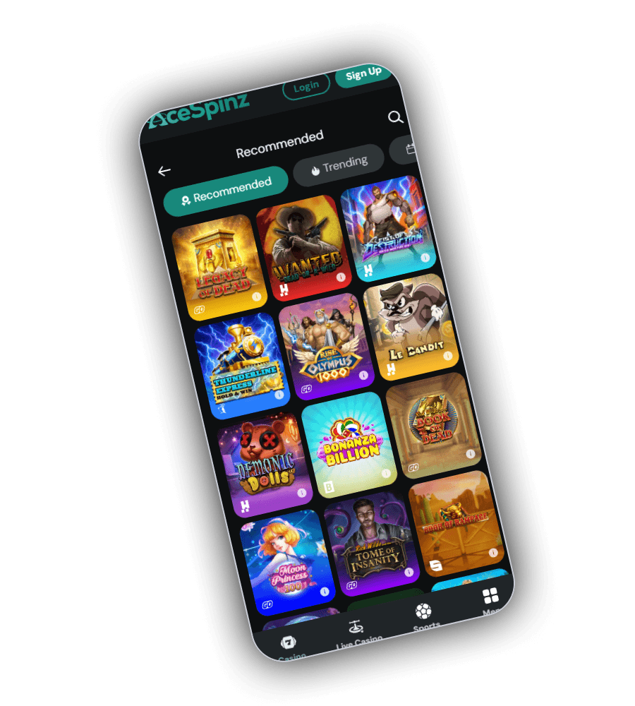 AceSpinz Recommended grid on a phone with tabs for Recommended and Trending and tiles for Legacy of Dead, Wanted Dead or a Wild, Fist of Destruction, Thunder Coins XXL, Duel at Dawn, Le Bandit, Demonic Dolls, Bonanza Billion, Moon Princess 100 and Tome of Insanity