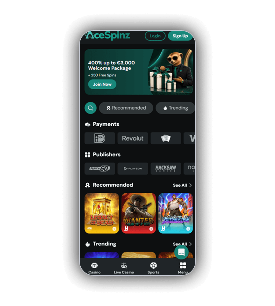 AceSpinz lobby on a phone with the 400% up to €3,000 Welcome Package banner and a Join Now button, the Recommended and Trending tabs, a Payments row, a Publishers row with Play'n GO, Playson and Hacksaw, tiles for Legacy of Dead, Wanted Dead or a Wild and Fist of Destruction, and a bottom bar with Casino, Live Casino, Sports and Menu