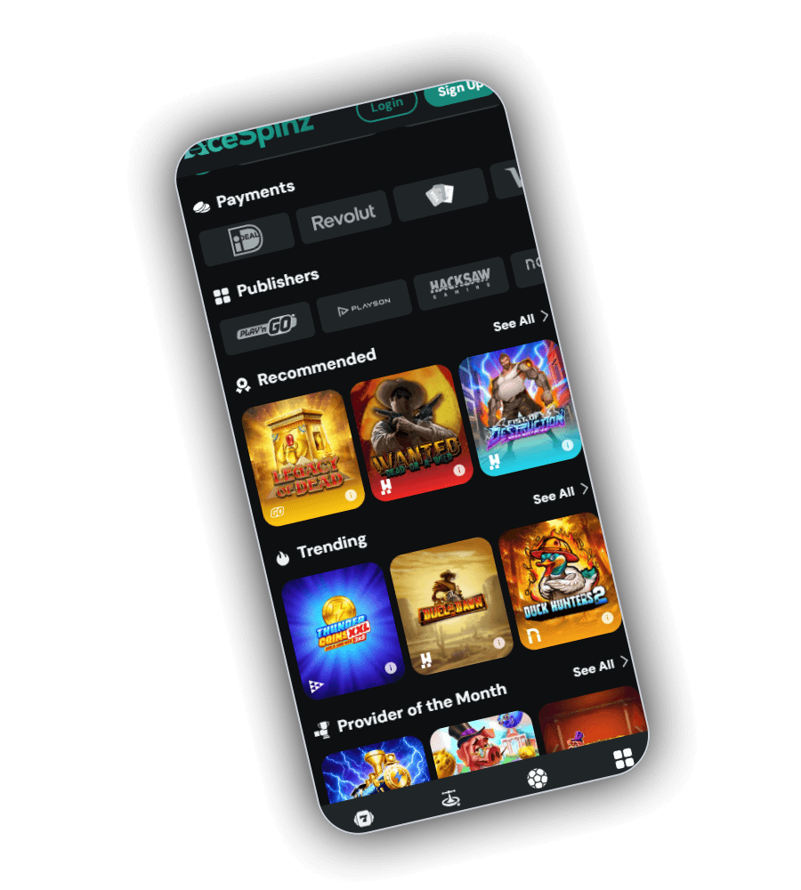 AceSpinz home screen on a phone showing a Payments row with logos for iDEAL, Revolut and a card brand, a Publishers row with Play'n GO, Playson and Hacksaw, a Recommended row and a Trending row with See All links, and Provider of the Month at the bottom