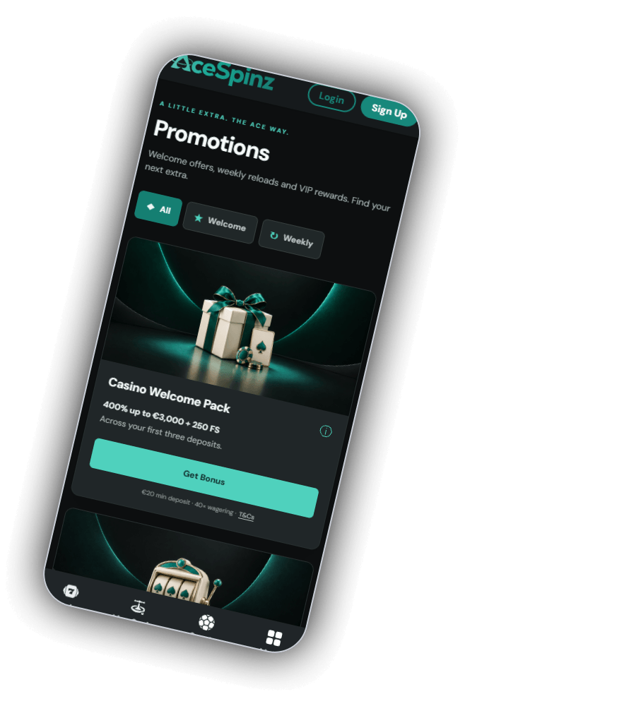 AceSpinz Promotions page on a phone with the line A little extra. The Ace way., the filters All, Welcome and Weekly, a gift box above the Casino Welcome Pack card reading 400% up to €3,000 + 250 FS across your first three deposits, a mint Get Bonus button and the terms €20 min deposit and 40x wagering
