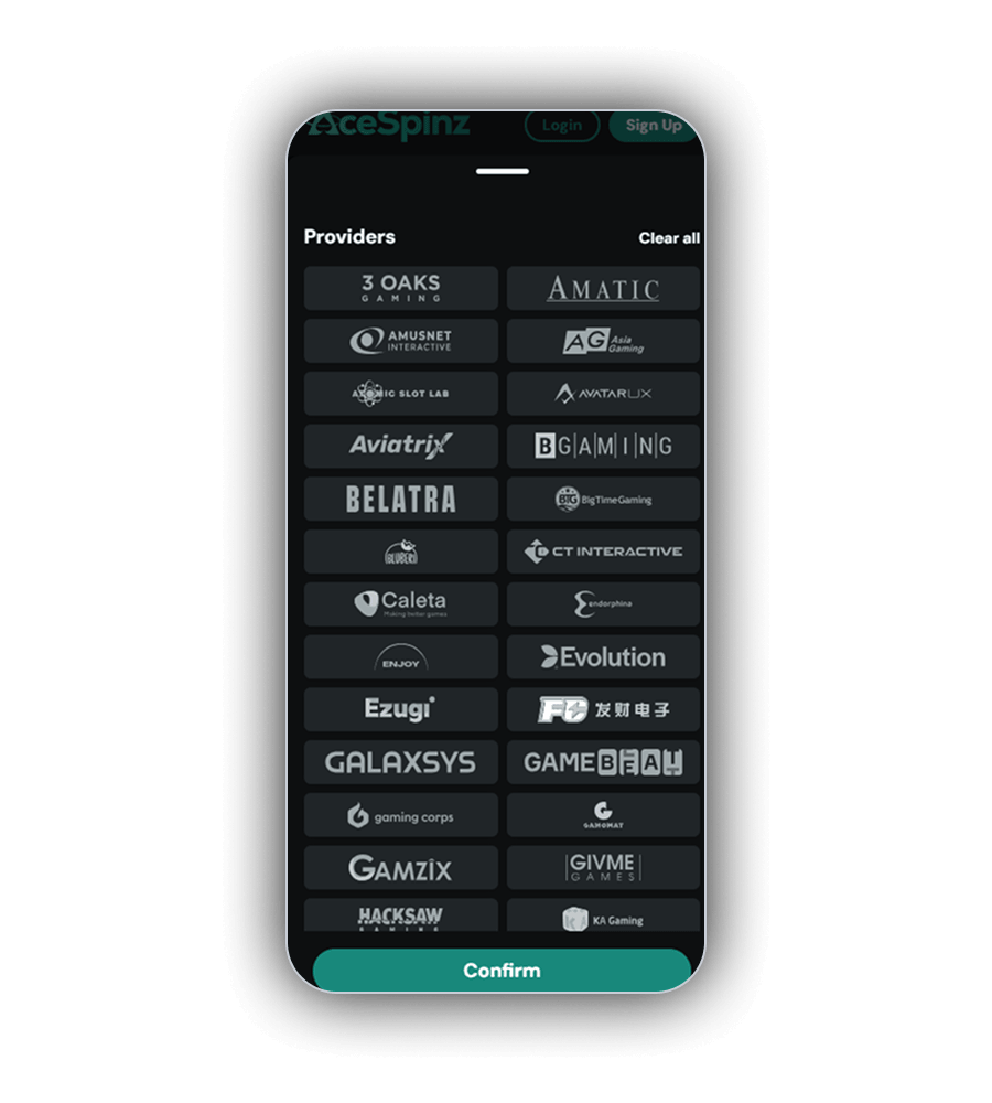AceSpinz Providers filter on a phone with a Clear all link, a two column grid of studio logos including 3 Oaks Gaming, Amatic, Amusnet, AvatarUX, Aviatrix, BGaming, Belatra, Big Time Gaming, CT Interactive, Caleta, Endorphina, Evolution, Ezugi, Galaxsys, GameBeat, Gaming Corps, Gamzix, Givme Games, Hacksaw and KA Gaming, and a mint Confirm button