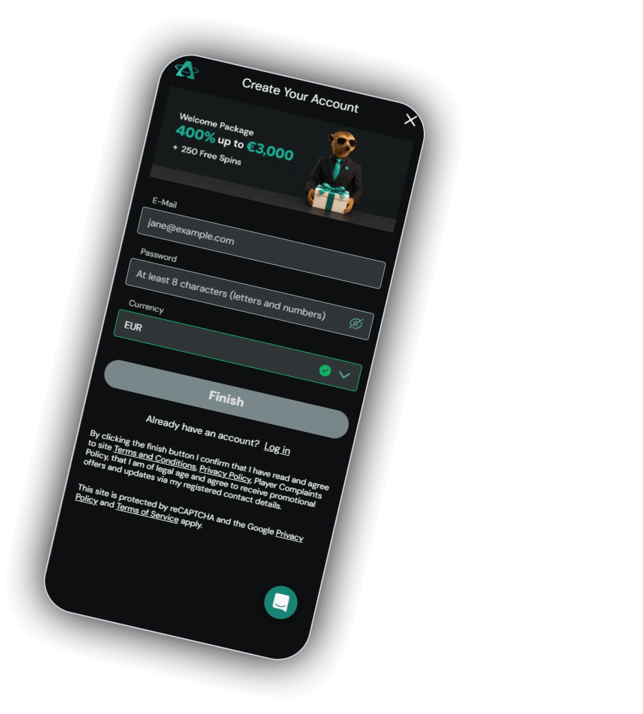 AceSpinz Create Your Account screen on a phone with a Welcome Package banner reading 400% up to €3,000 + 250 Free Spins, fields for E-Mail, Password with the hint at least 8 characters, letters and numbers, and Currency set to EUR, a Finish button, an Already have an account? Log in link and the reCAPTCHA notice