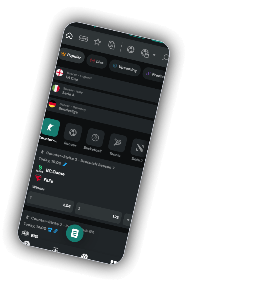 AceSpinz sportsbook on a phone with the tabs Popular, Live, Upcoming and Predictions, the leagues FA Cup, Serie A and Bundesliga, sport buttons for Counter-Strike, Soccer, Basketball, Tennis and Dota 2, and a Counter-Strike 2 match between BC.Game and FaZe priced at 2.04 and 1.72
