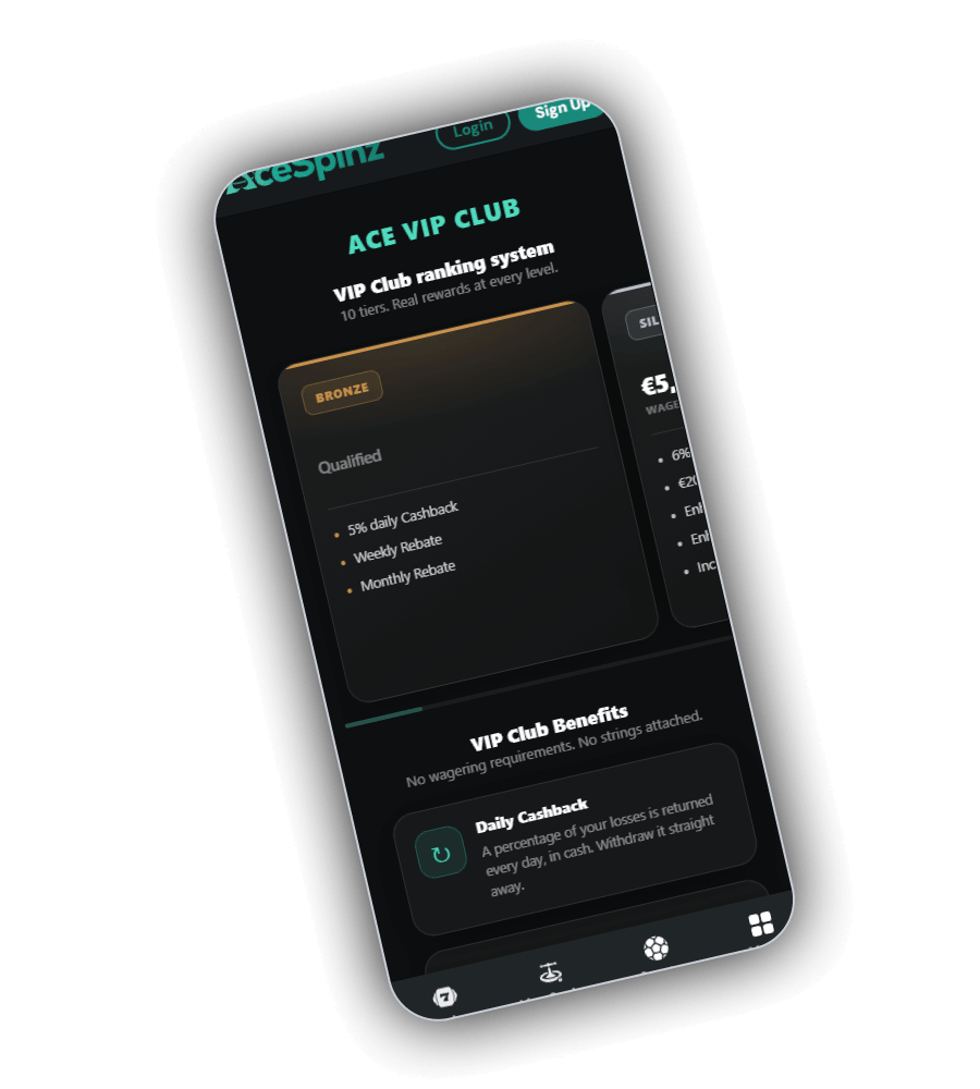 Ace VIP Club ranking system on a phone with the line 10 tiers. Real rewards at every level., a bronze tier card marked Qualified listing 5% daily Cashback, Weekly Rebate and Monthly Rebate, and a VIP Club Benefits panel explaining Daily Cashback with no wagering requirements
